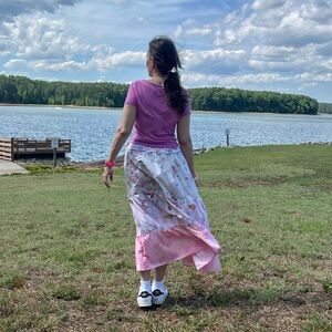 Vintage upcycled pink floral midi maxi skirt